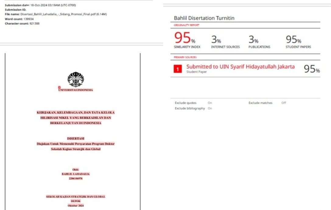 Dugaan Plagiarisme Mengenai Pemberian Gelar Doktor Bahlil dari UI dengan Indeks Kemiripan 95 Persen